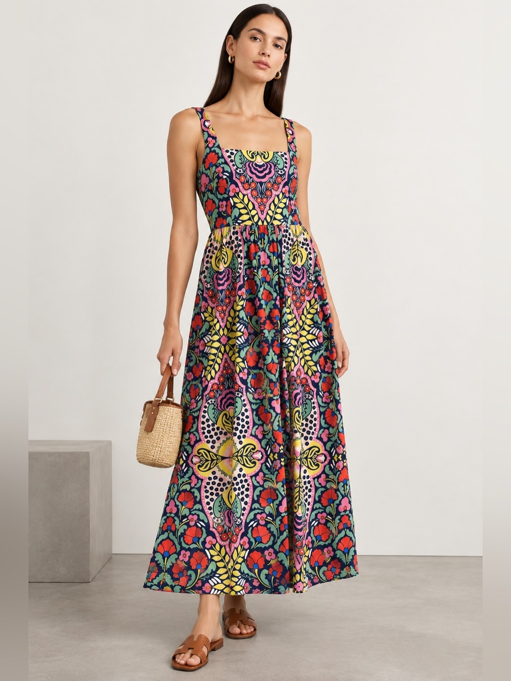 Boden Midi Dress Colorful Art To Wear Block Print Square Neck Pockets Size 2 P